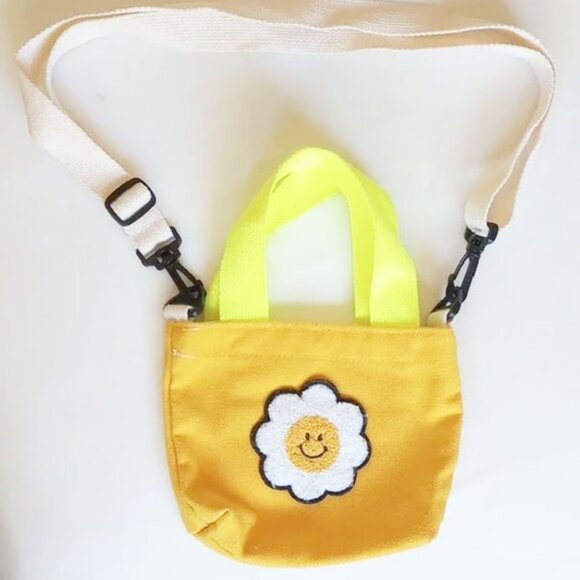 Happy Face Flower Love Canvas Mini Handbag Optional Shoulder Strap Orange Yellow - Picture 1 of 11